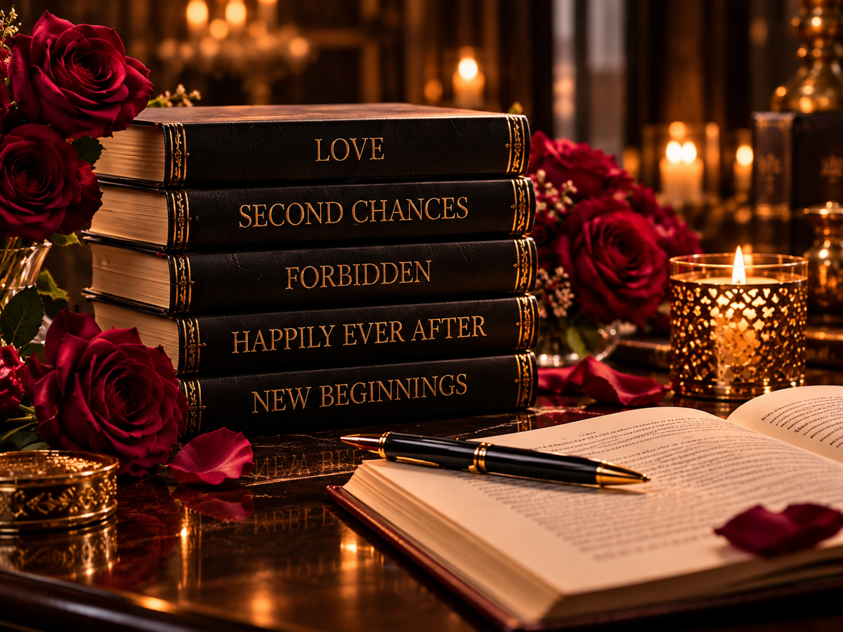 A stack of romance novels and roses