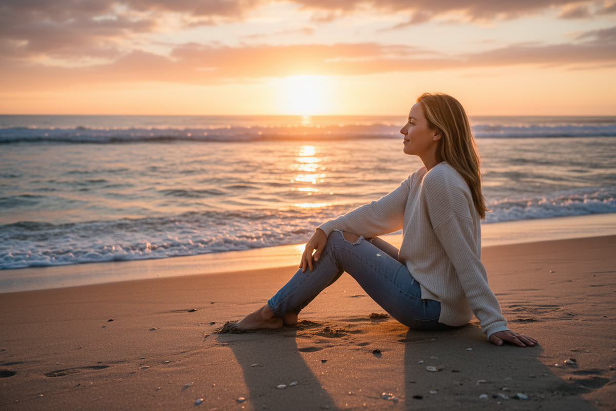 Rather than a forest, she's sitting on the beach and wearing casual clothes