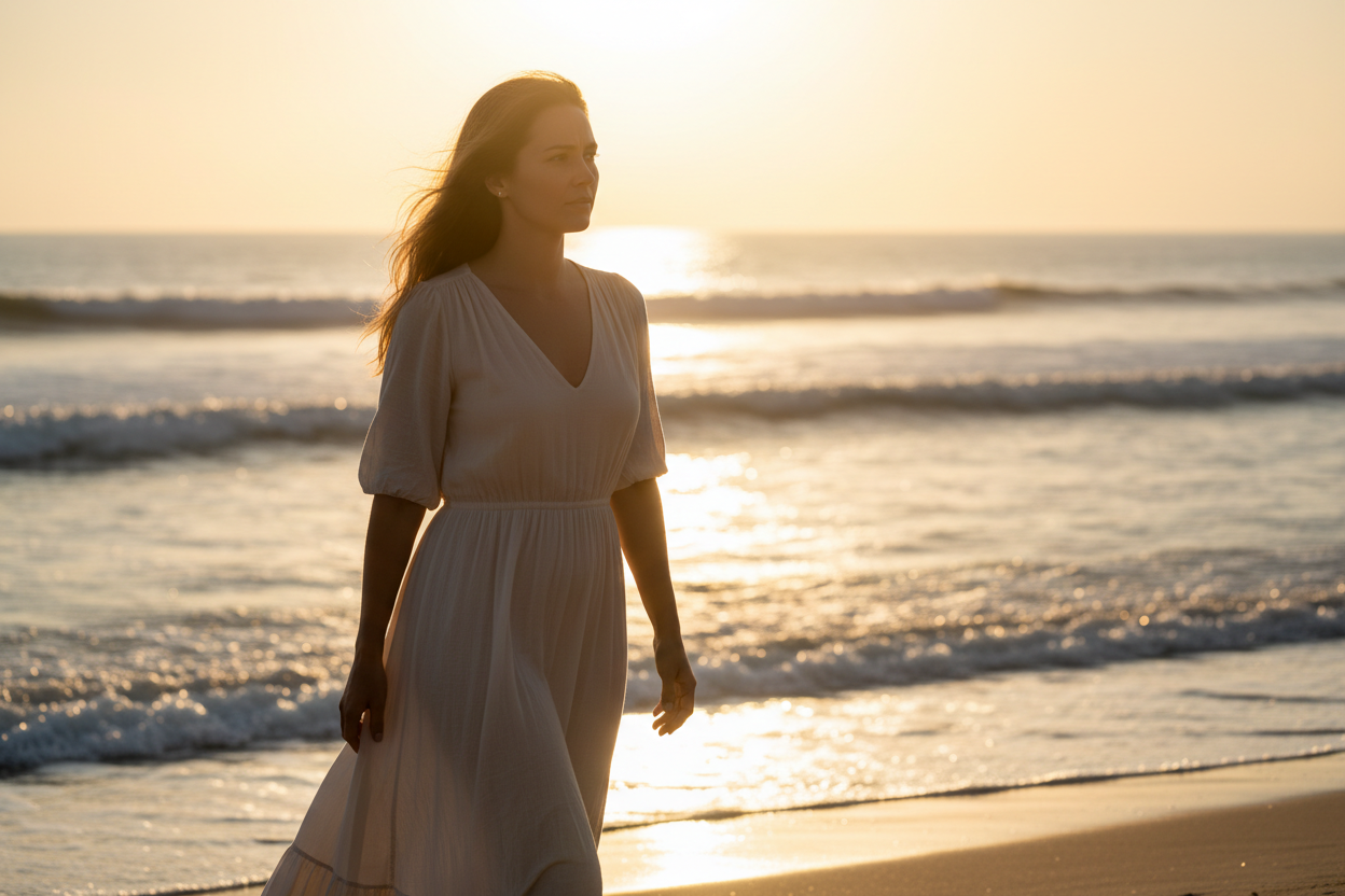 woman is conflicted but peaceful. She's walking along the beach, ocean waves in the background, the sun shining on her silhouette. She is staring slightly towards the ocean and the camera is zoomed in slightly. 