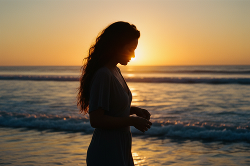 woman is conflicted but peaceful. She's walking along the beach, ocean waves in the background, the sunset shining on her silhouette. She is staring slightly towards the ocean and the camera is zoomed in slightly. She has long, wavy dark hair and you cannot see her face except for a slight angle.