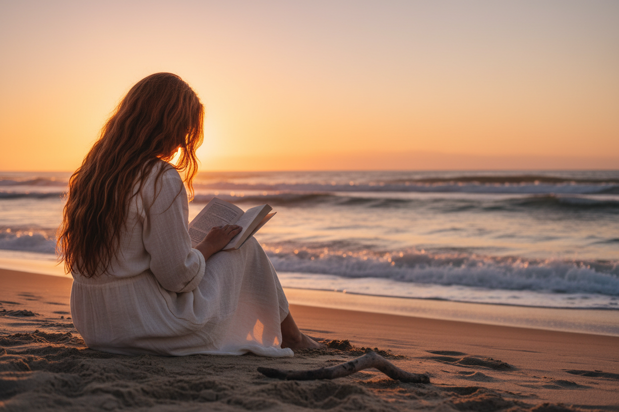 woman is on the beach during sunset, sitting, reading a book. It is her side angle with the sunset shining and the ocean in the background. She has long hair, you cannot see her face and she looks peaceful.