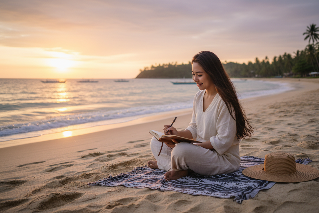 woman sitting in a peaceful stance and in a peaceful and serene setting. She is at the beach, with the ocean behind her. She is writing a book and is an author. She has long, dark brunette hair and is of filipino descent. She's happy, fulfilled, and grateful. 