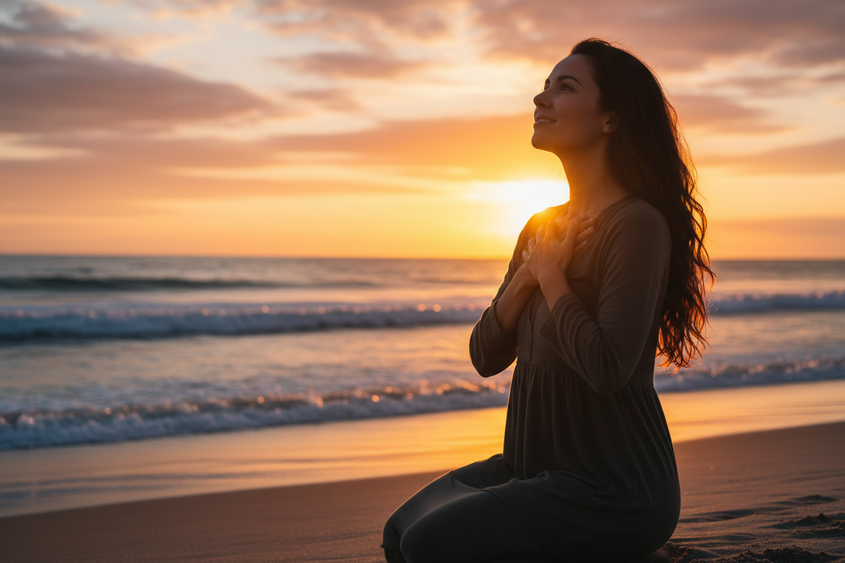 woman slightly looking up at the sky, feeling thankful with a small smile. She's on the beach, kneeling slightly away from the camera with her hands on her heart in prayer formation. The sunset is shining on her silhouette. She has long dark brunette, wavy hair.