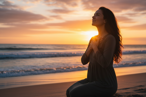woman slightly looking up at the sky, feeling thankful with a small smile. She's on the beach, kneeling slightly away from the camera with her hands on her heart in prayer formation. The sunset is shining on her silhouette. She has long dark brunette, wavy hair.